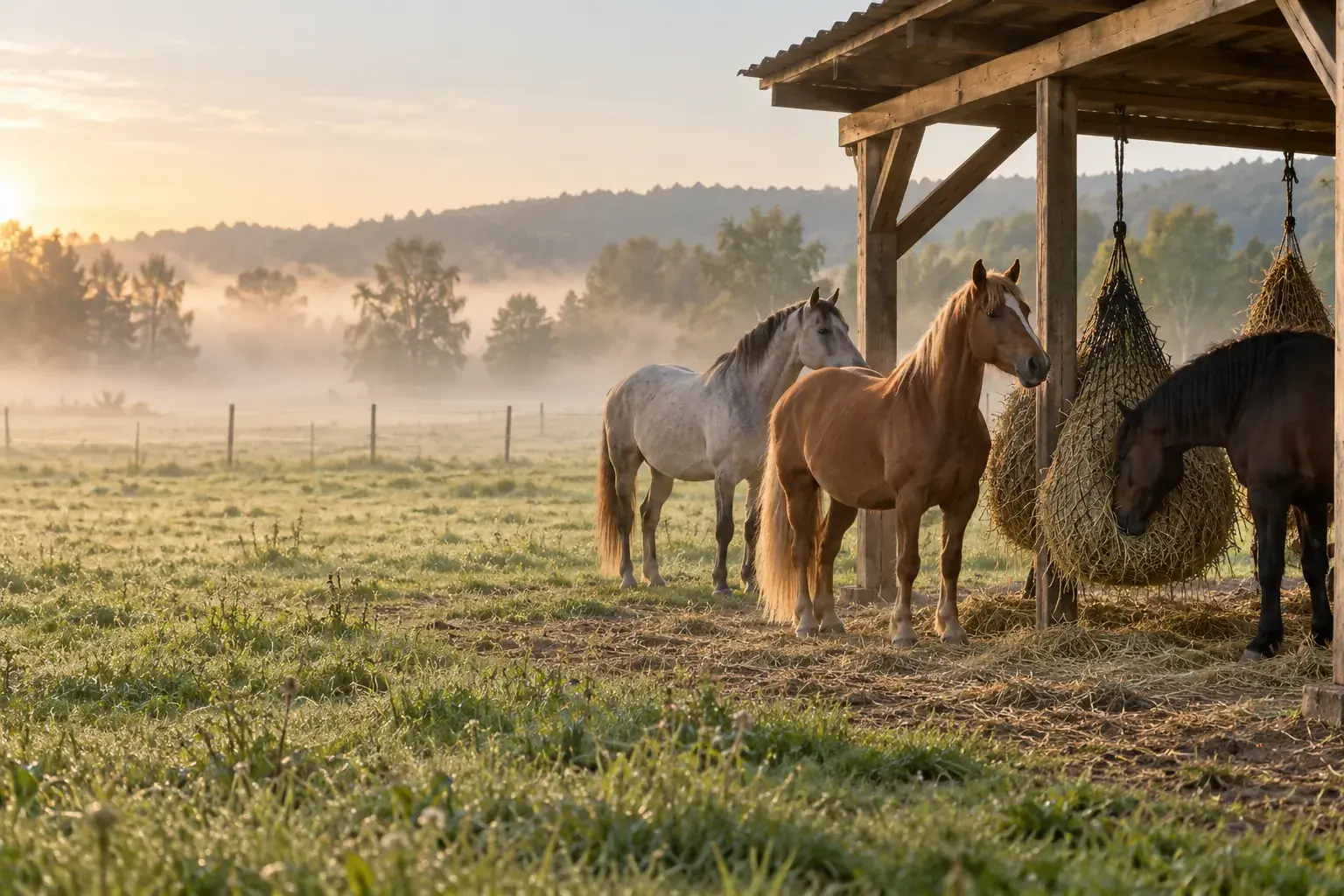 Drei Pferde stehen im Morgennebel am Heunetz-Unterstand eines Offenstalls