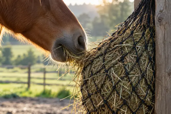 Ein Pferd frisst aus einem Heunetz an einem Holzpfosten